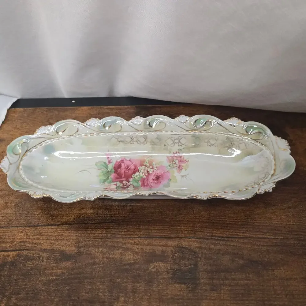 Vintage Floral Celery/Relish Dish Pink Flowers Green Ribbon Gold Trim